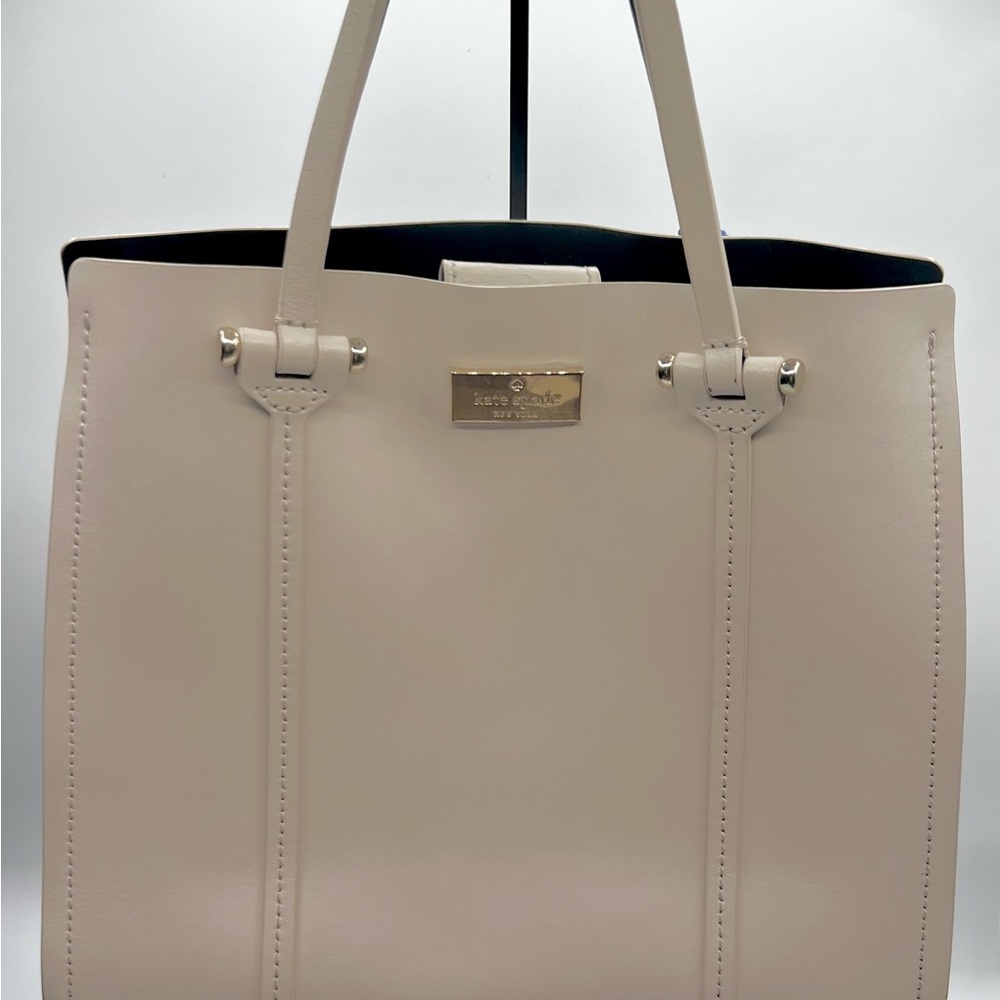 kate spade Pale Cream Leather Structured Tote with Gold Plaque